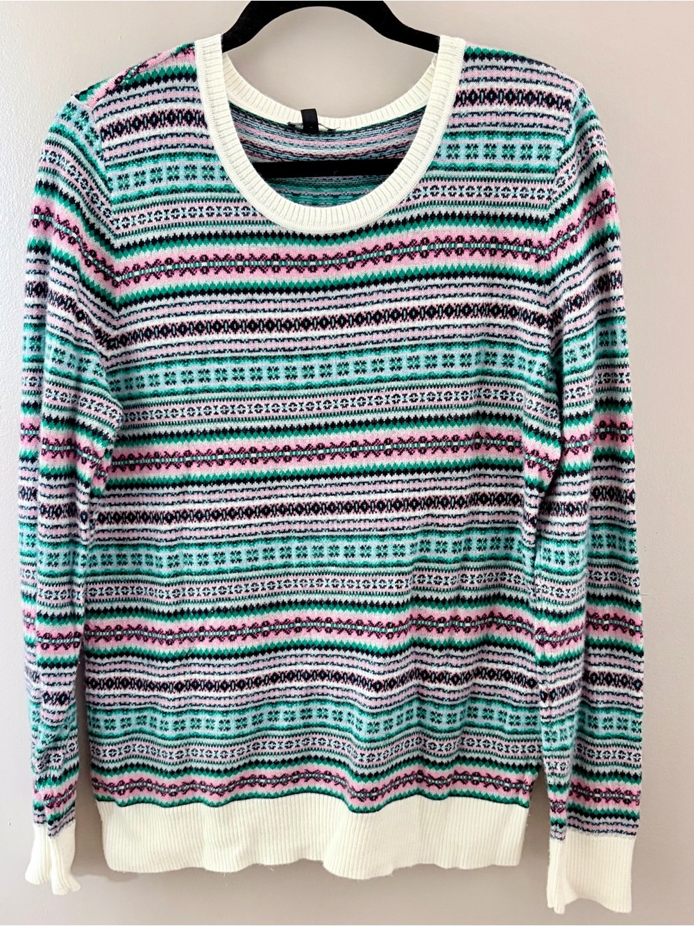 Talbots Fair Isle Knit Sweater Large Green Pink Lambswool Blend Crew Neck